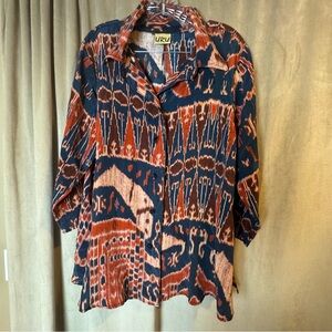 URU Women's Abstract Button‎ Down Shirt - tribal Ikat 100% Silk vintage XL